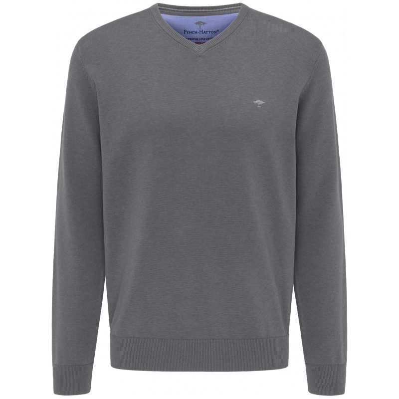 Pull Col V Coton Gris